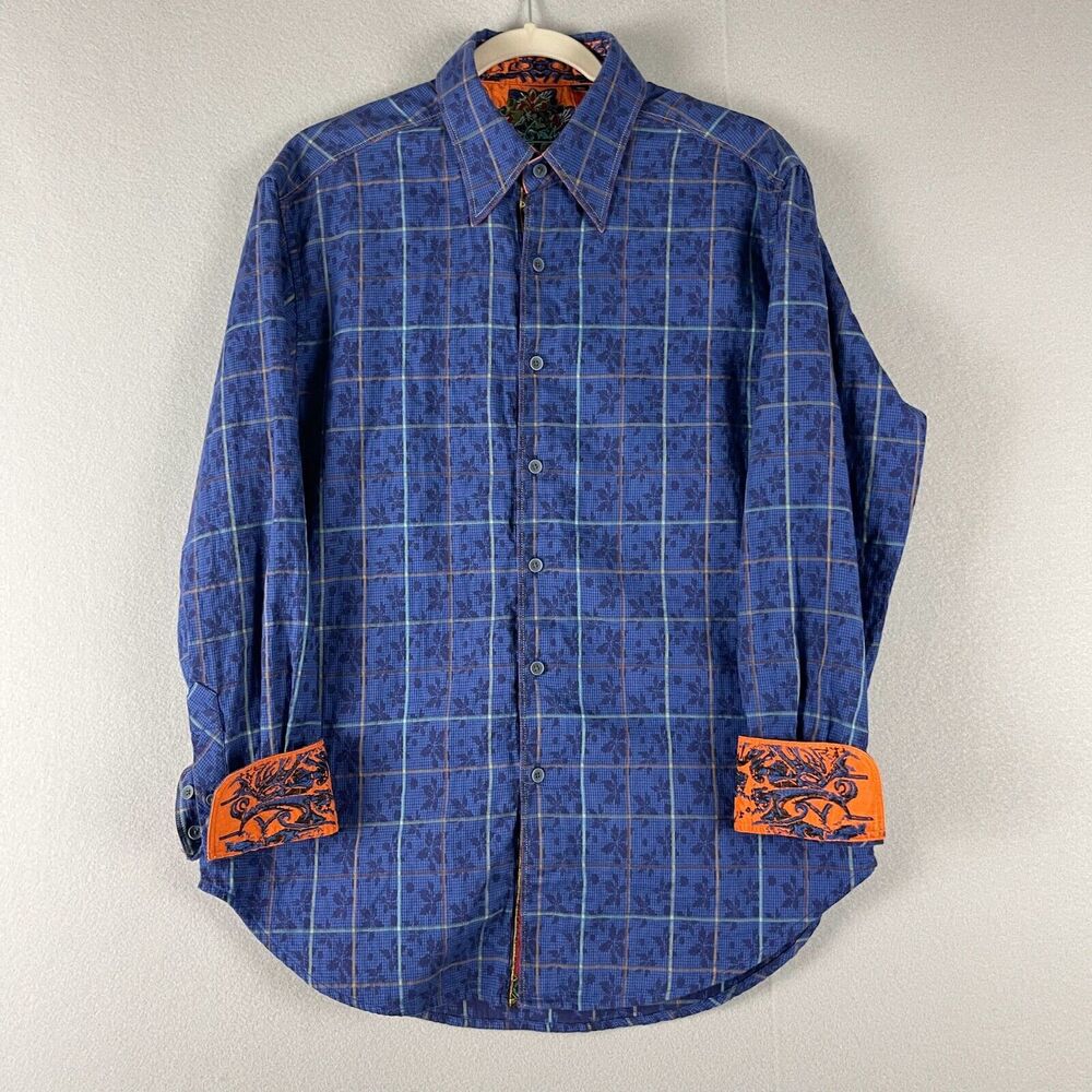 Robert Graham Floral Flip Cuff Shirt Mens Medium Blue Plaid Embroidered Classic
